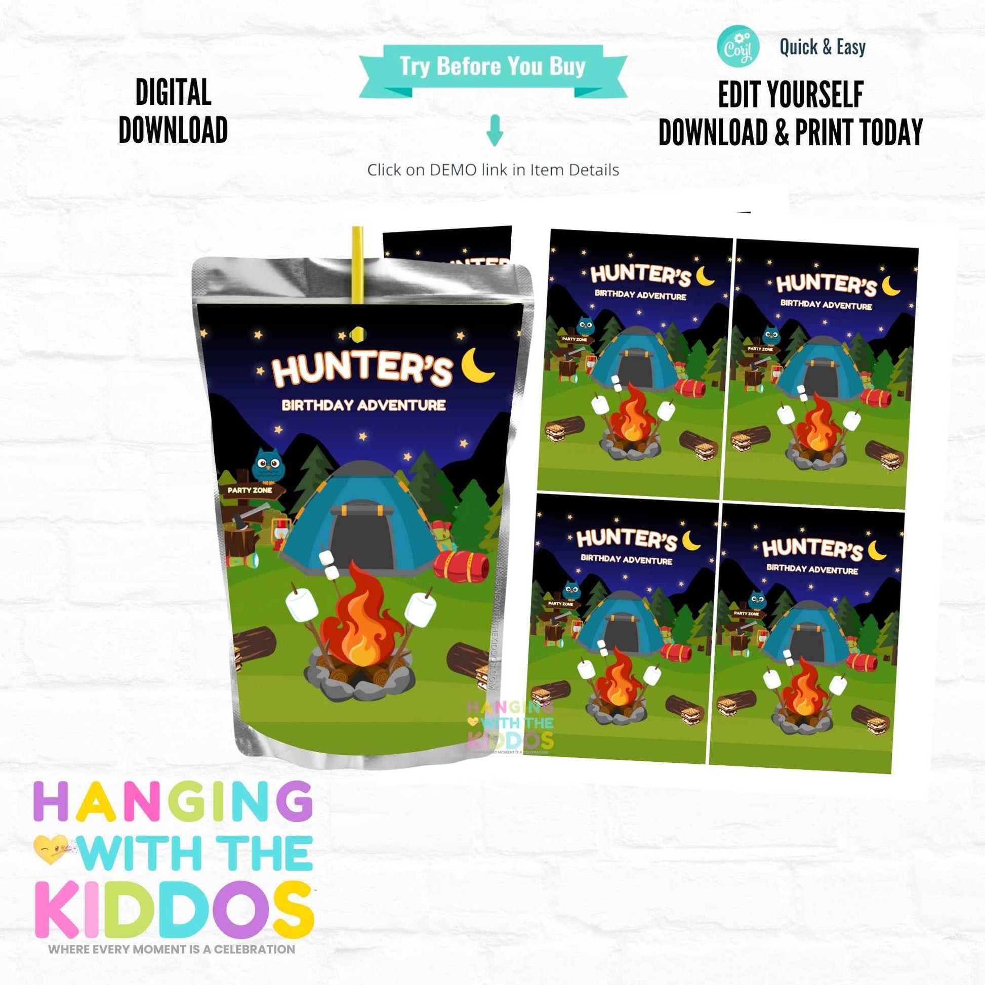 Editable Campfire Juice Pouch Labels | Birthday Party Digital Download Hanging with the Kiddos