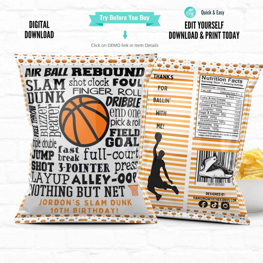 Customizable Basketball Party Favor Bags - Digital Download