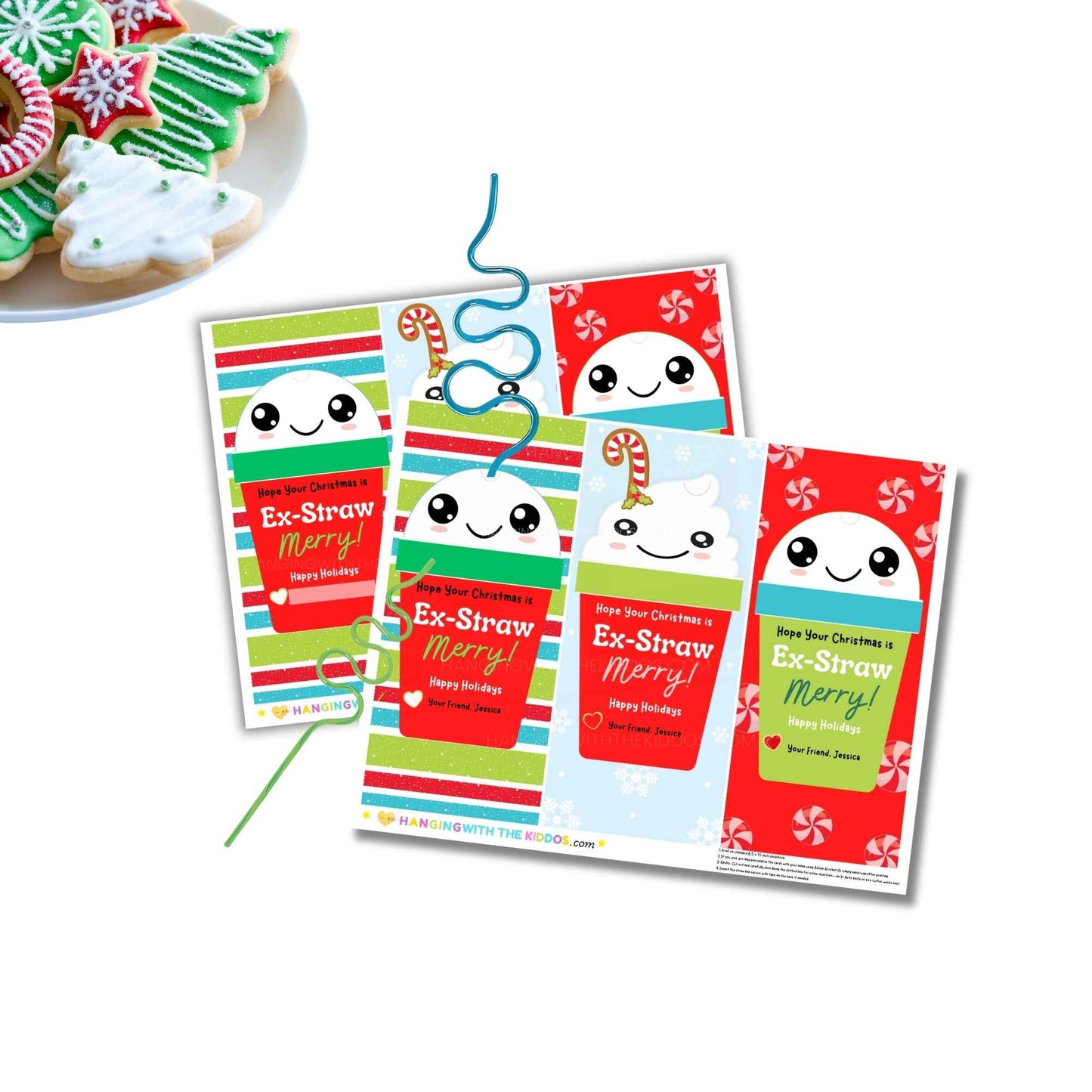 Personalized Christmas Crazy Straw Cards with holiday designs, slots for straws, and space to add a name.