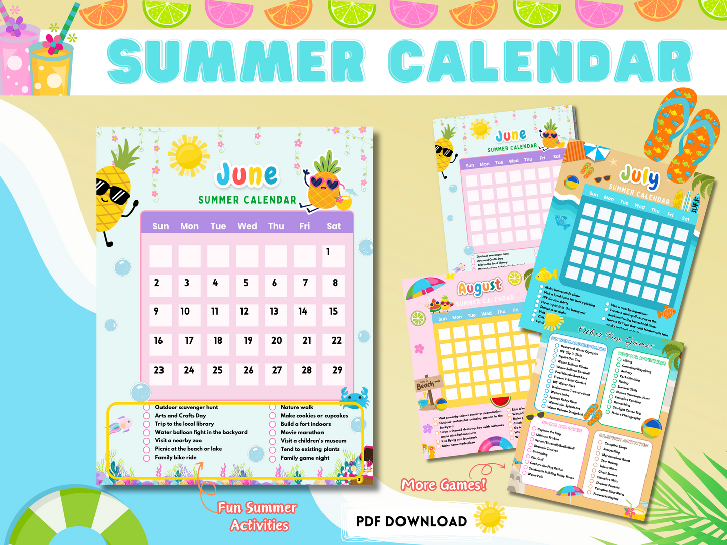 Editable Summer Calendar for Kids