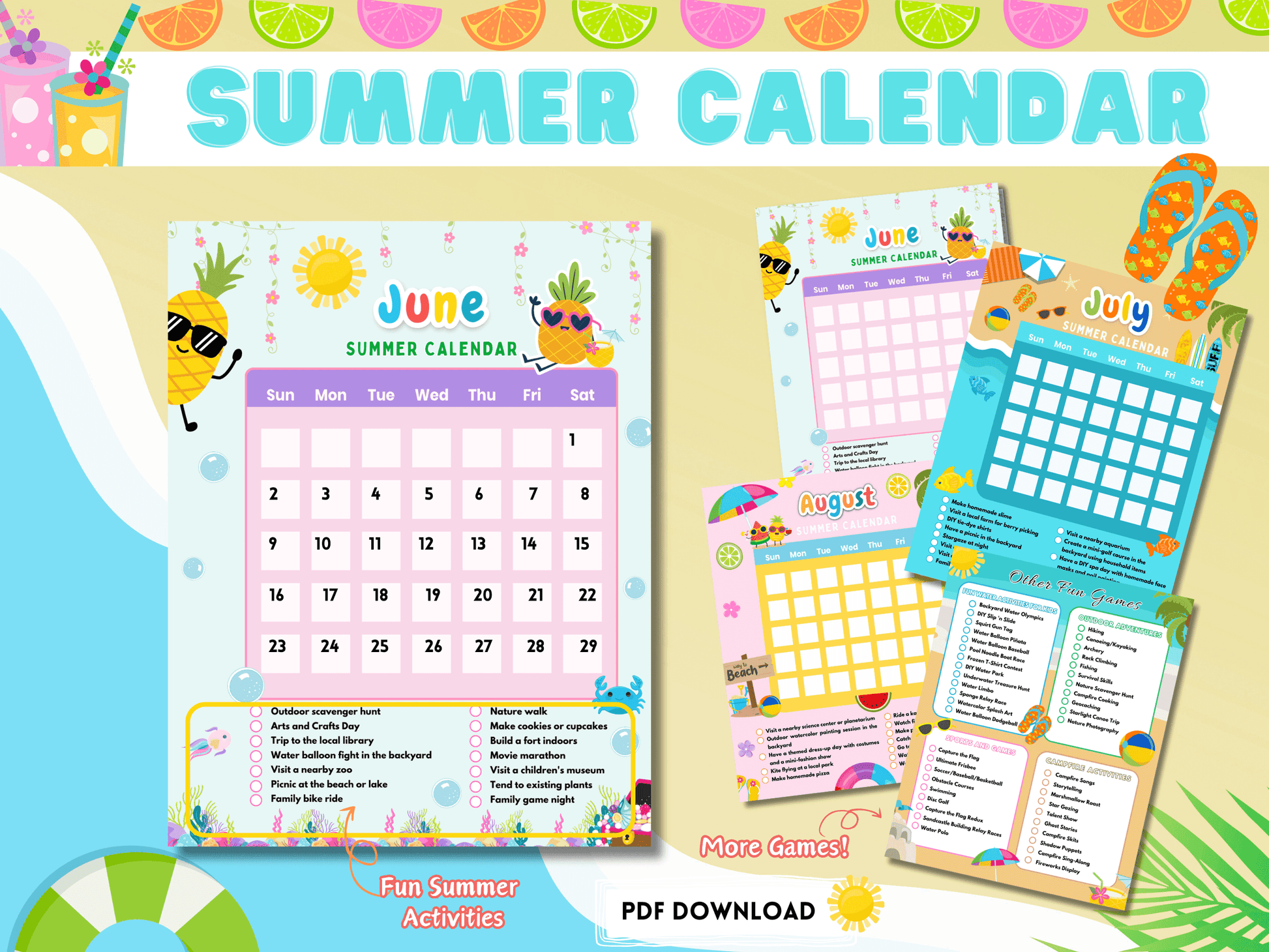 Editable Kids Calendar - Summer Planning | 40+ Activities PDF includes June, July, and August planners with colorful themes and fun activity ideas.