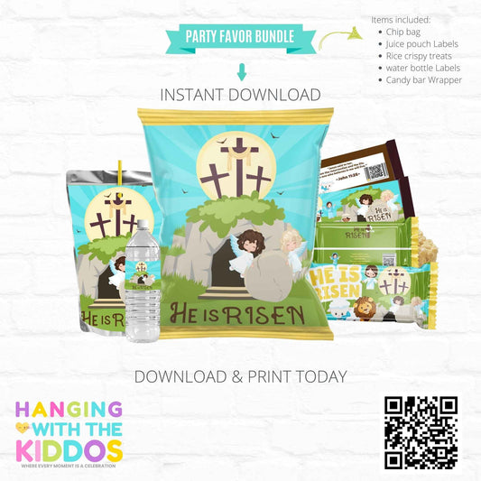 He Is Risen Easter Bundle - Party Favor | Editable Templates featuring printable chip bags, candy wrappers, and labels with religious Easter theme.