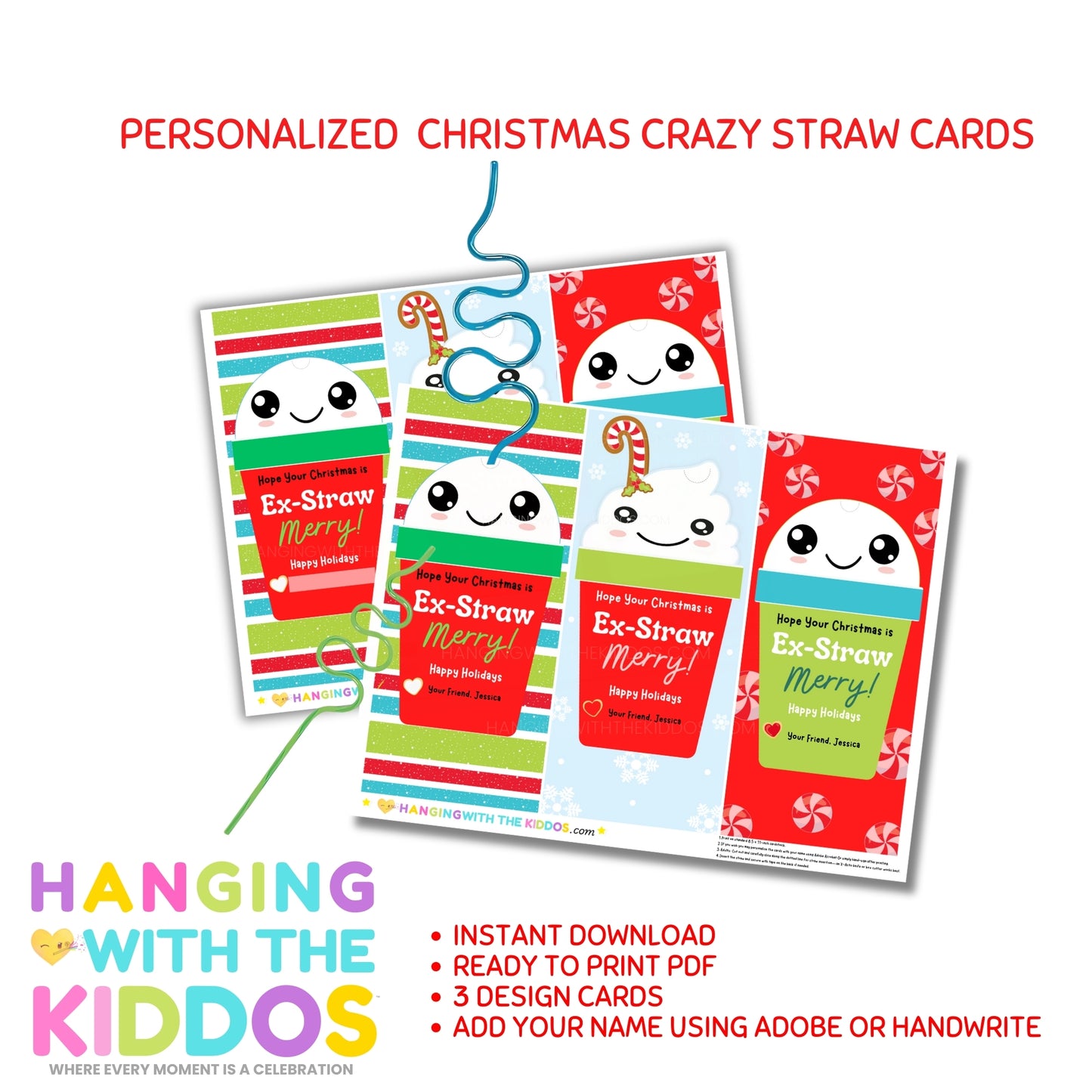 Personalized Christmas Crazy Straw Cards with holiday designs, slots for straws, and space to add a name.