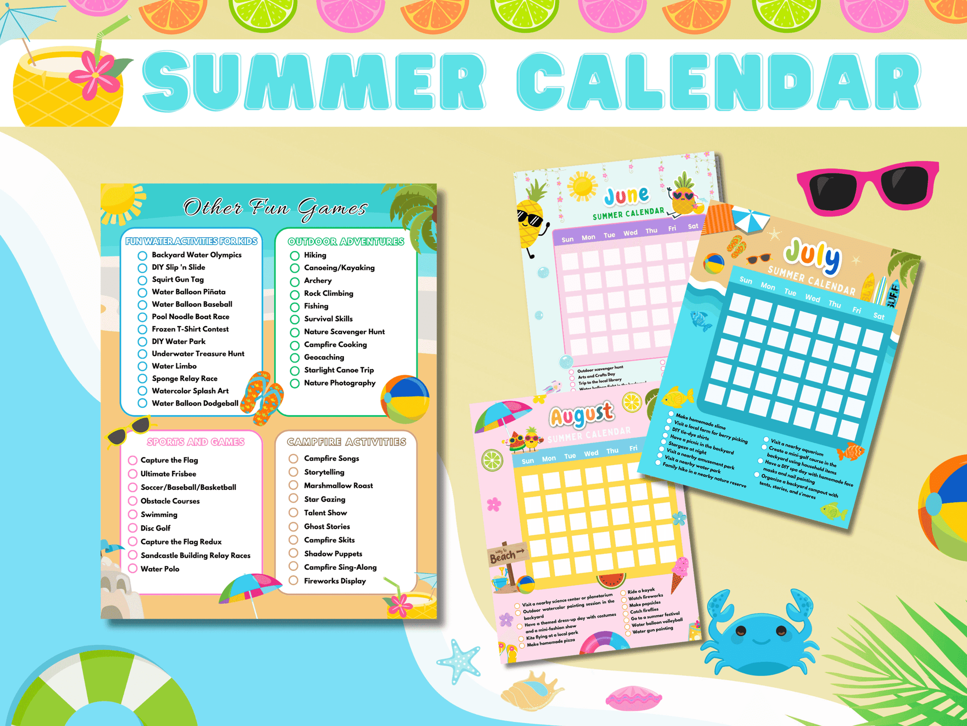 Editable Kids Calendar - Summer Planning | 40+ Activities features printable summer planners and a list of games and crafts for kids' seasonal fun.