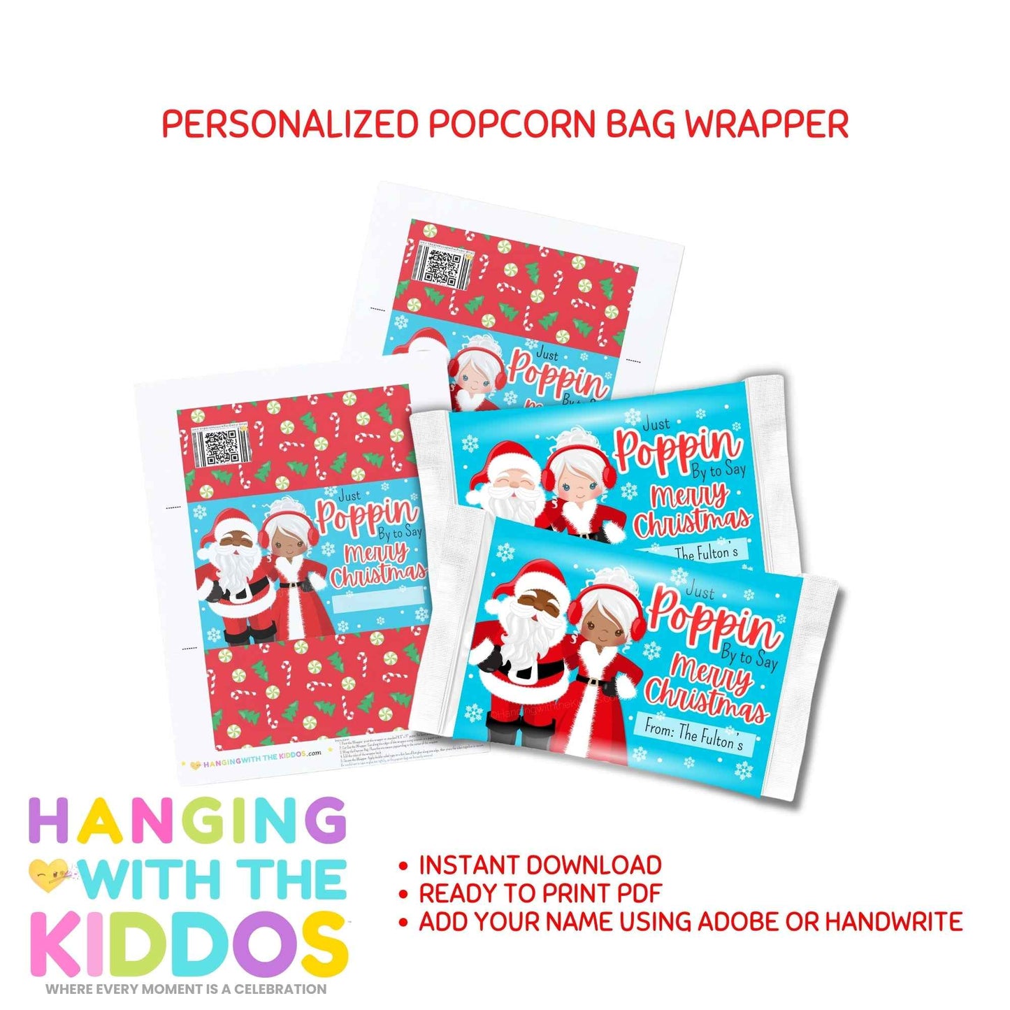 Personalized Christmas Popcorn Bag Wrapper Hanging with the Kiddos