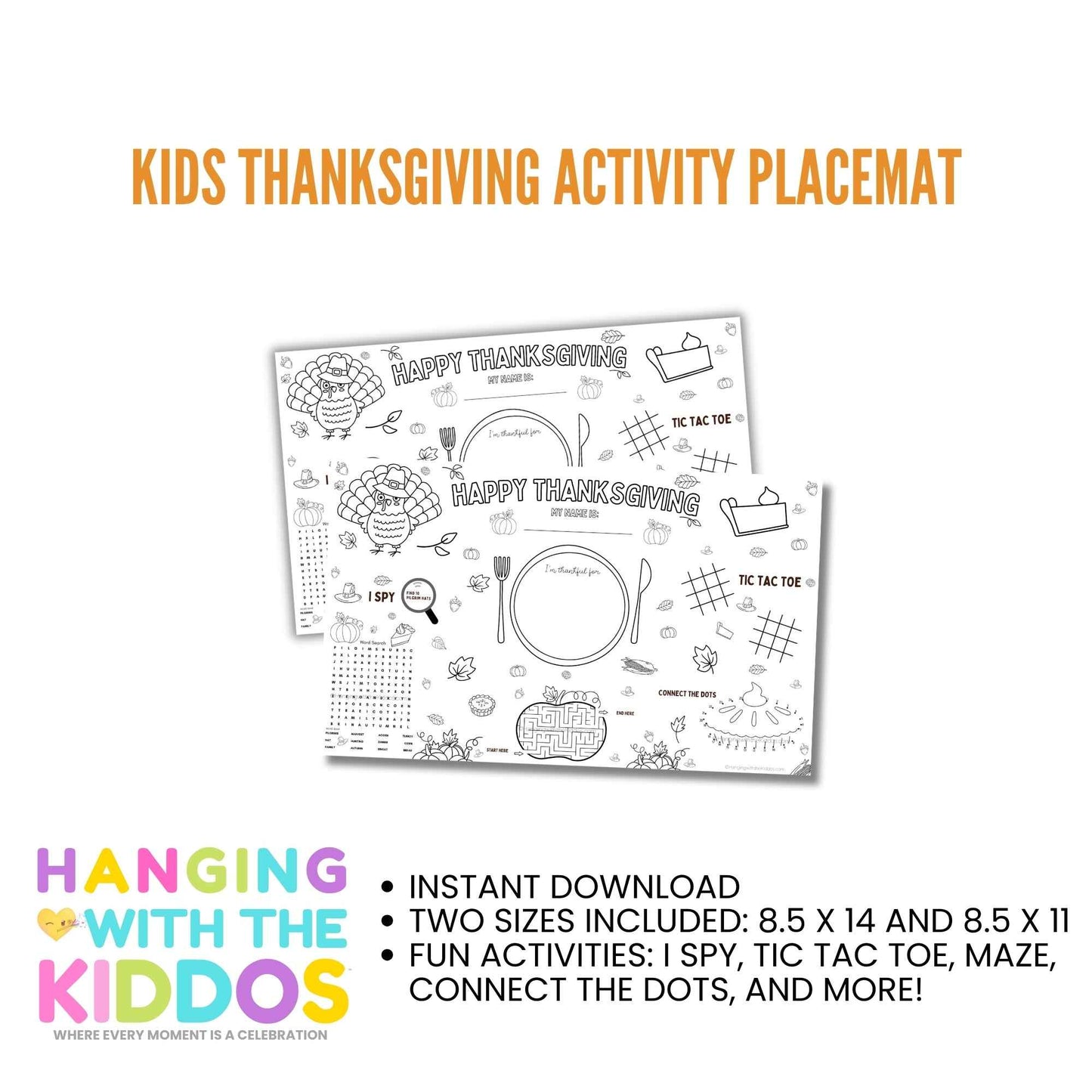 Fun Kids Thanksgiving Activity Placemat – Digital Download Hanging with the Kiddos