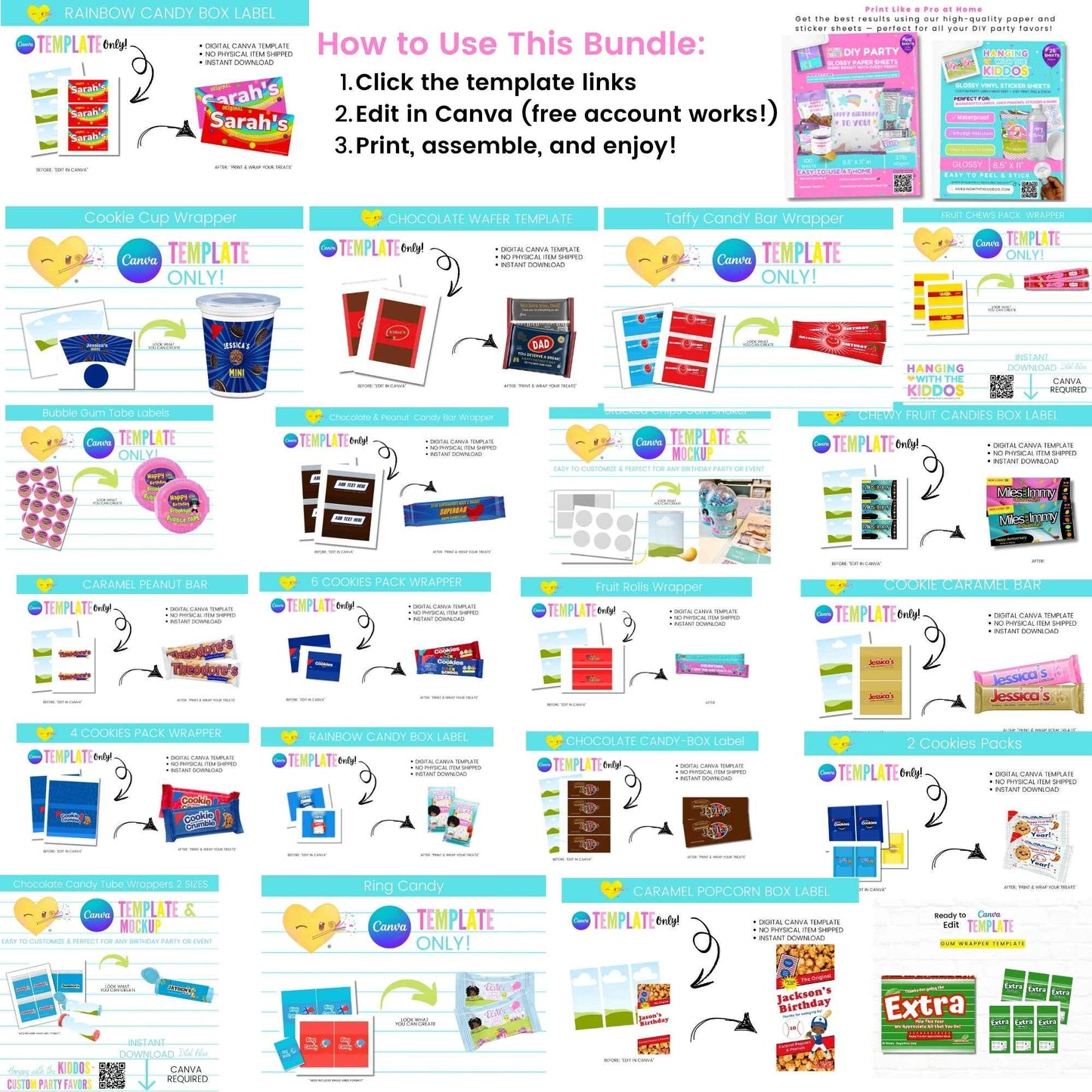 Customizable Canva Party Favor Templates Bundle (20+ Designs)