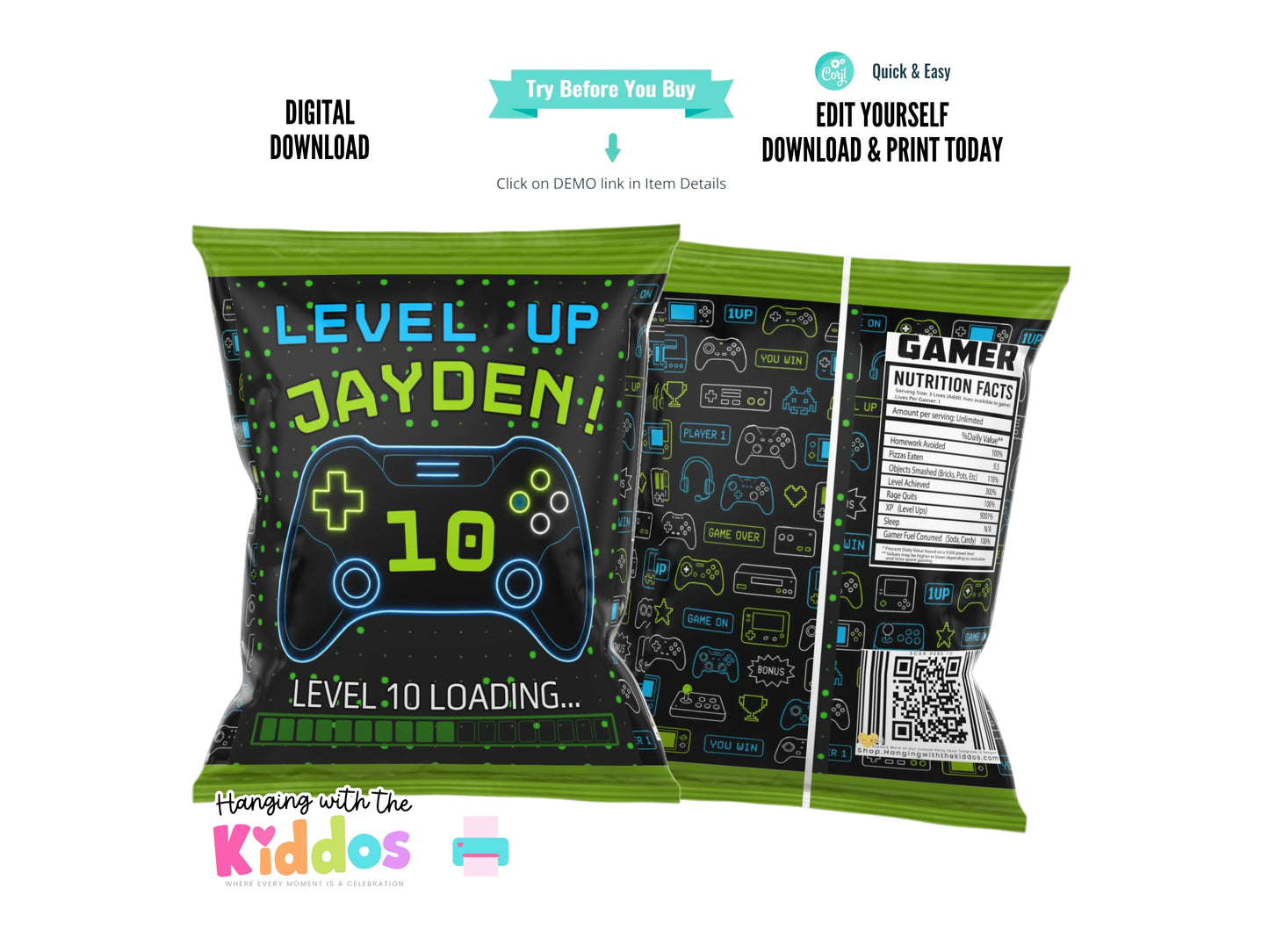 Gamer Birthday Chip Bag Template