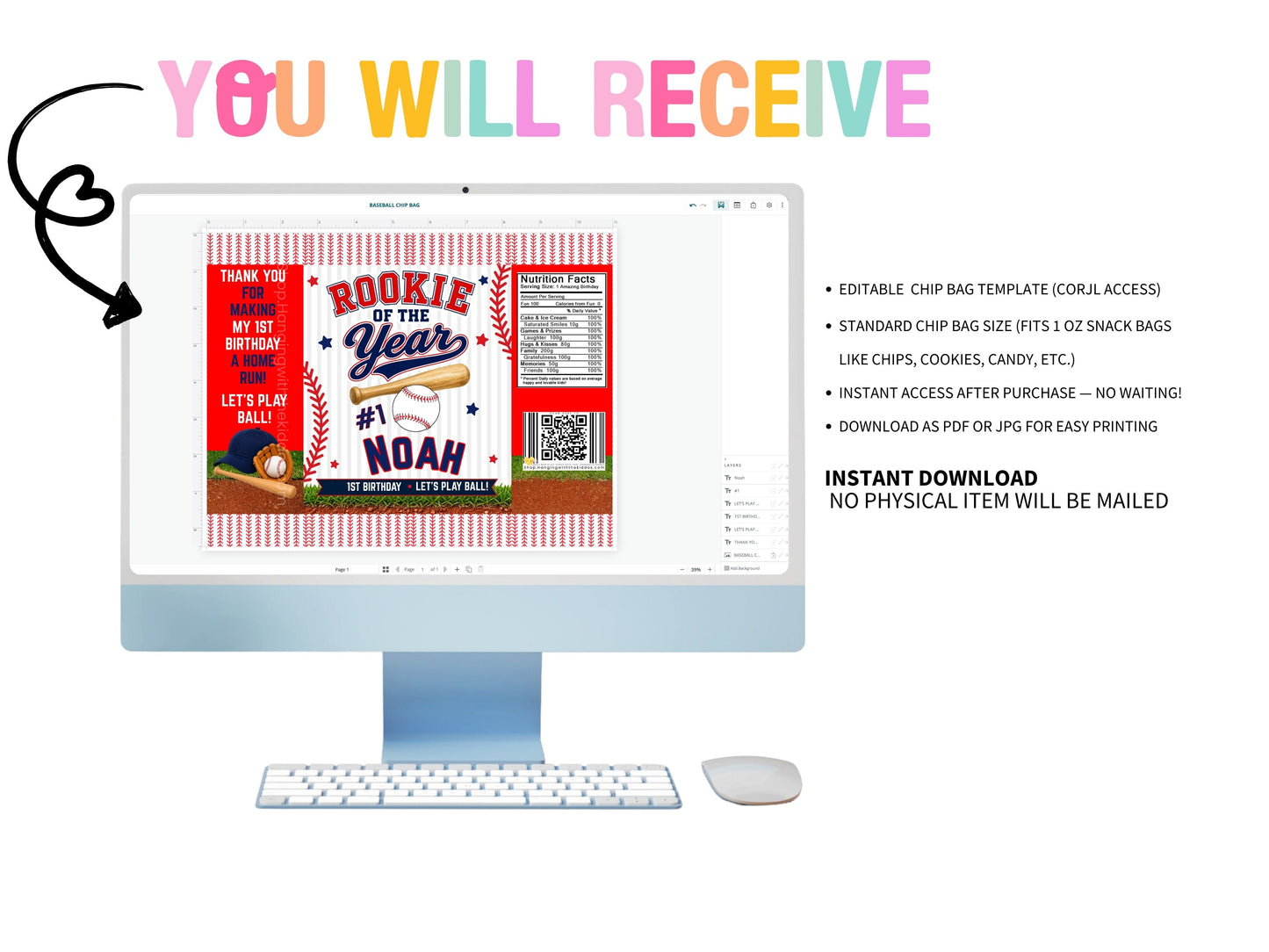Baseball 1st Birthday Chip Bag Template | Rookie of the Year