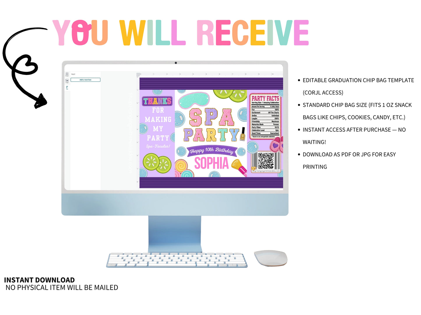 Computer screen displaying a digital chip bag template with colorful text and graphics.