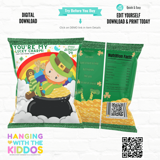 DIY St. Patrick’s Day Chip Bag Template with Leprechaun Design Hanging with the Kiddos