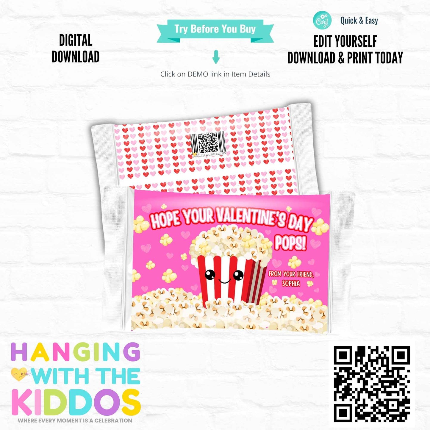 Pink Valentine’s Day Popcorn Bag Wrapper Template Hanging with the Kiddos