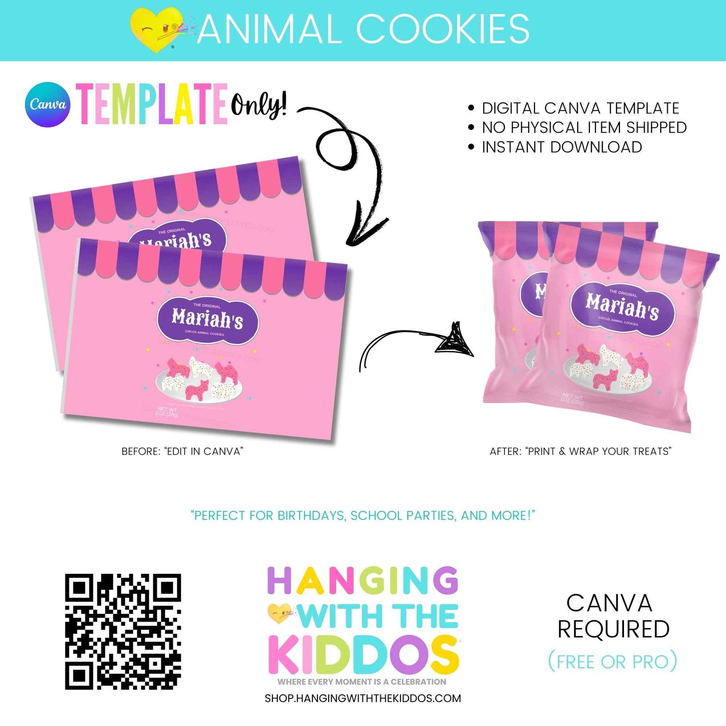 Animal Cookies Treat Wrapper - Party Favor Template | Editable Canva design featuring pink and purple wrappers with customizable text for party favors.