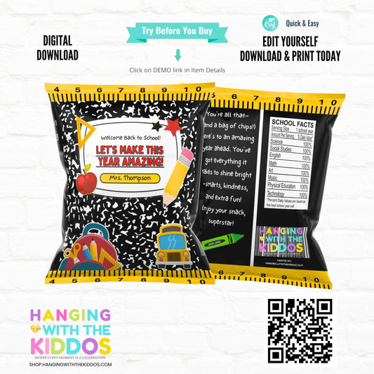 Snack package with educational design and ruler border, featuring 'Hanging with the Kiddos' branding.