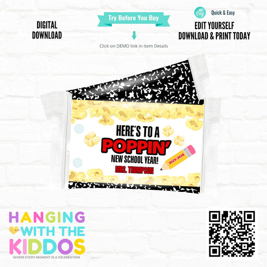 back to school Popcorn bag with personalized text on a white background
