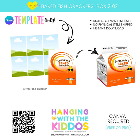 Editable fish cracker label template for 2 oz box featuring bright orange design with cheddar snack graphics. Ideal for party favors or gift shops.