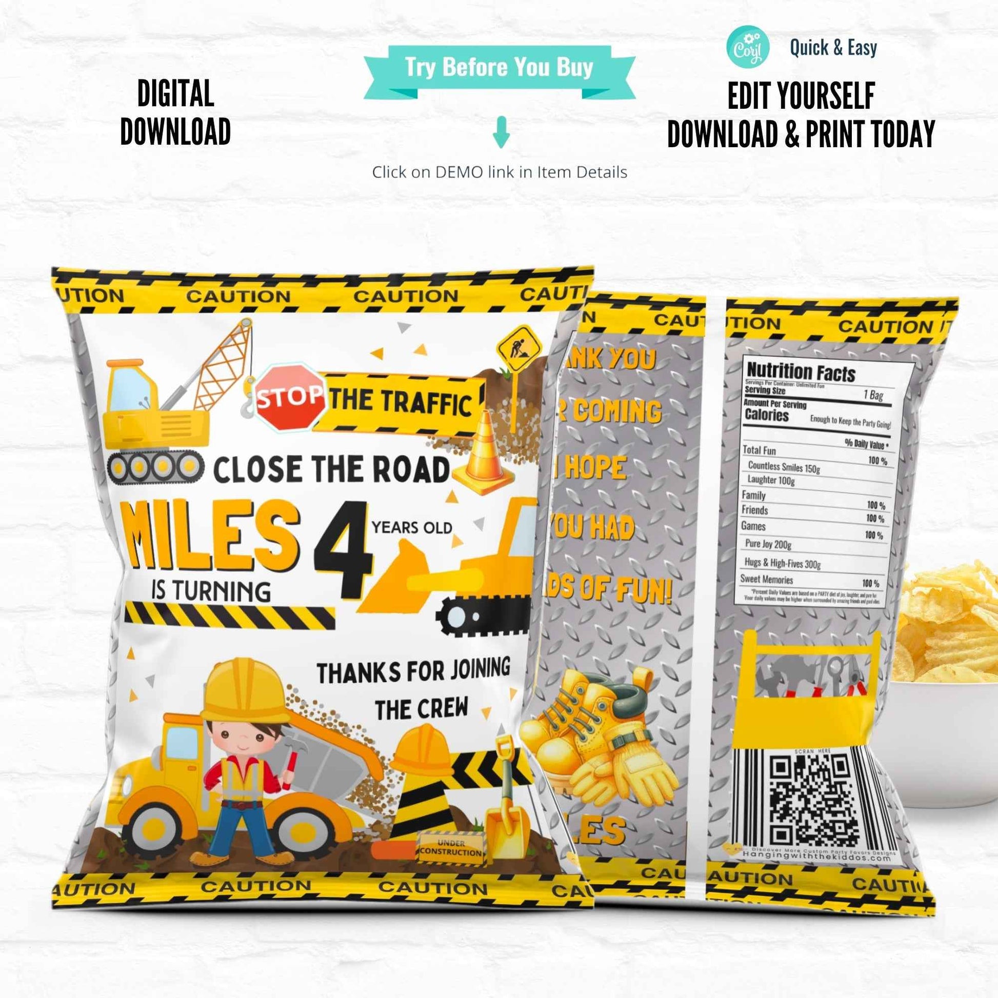 Construction Party Chip Bags - Personalized | Printable featuring yellow caution tape, construction vehicles, and editable text for a 4th birthday.