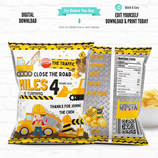 Construction Party Chip Bags - Personalized | Printable featuring yellow caution tape, construction vehicles, and editable text for a 4th birthday.