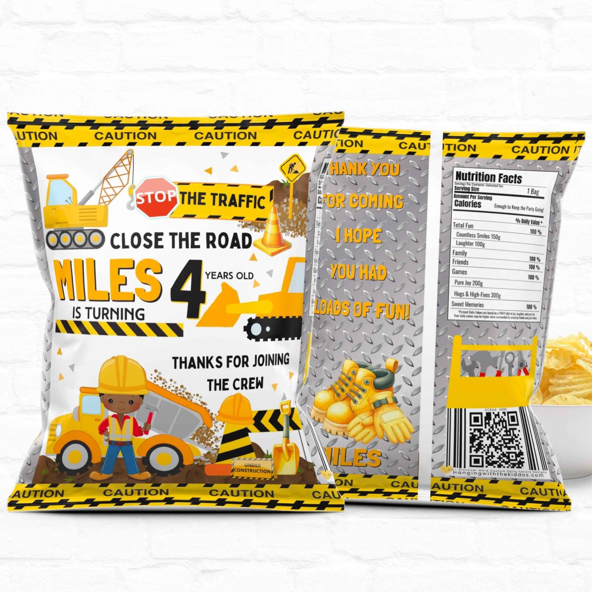Editable construction birthday chip bags with caution tape design and cartoon construction workers. Perfect for DIY party favors, available as a digital download.