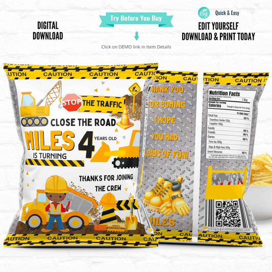 Personalized construction party treat bags featuring 'Stop the Traffic' theme with editable text for a 4th birthday. Printable chip bag design with construction graphics.