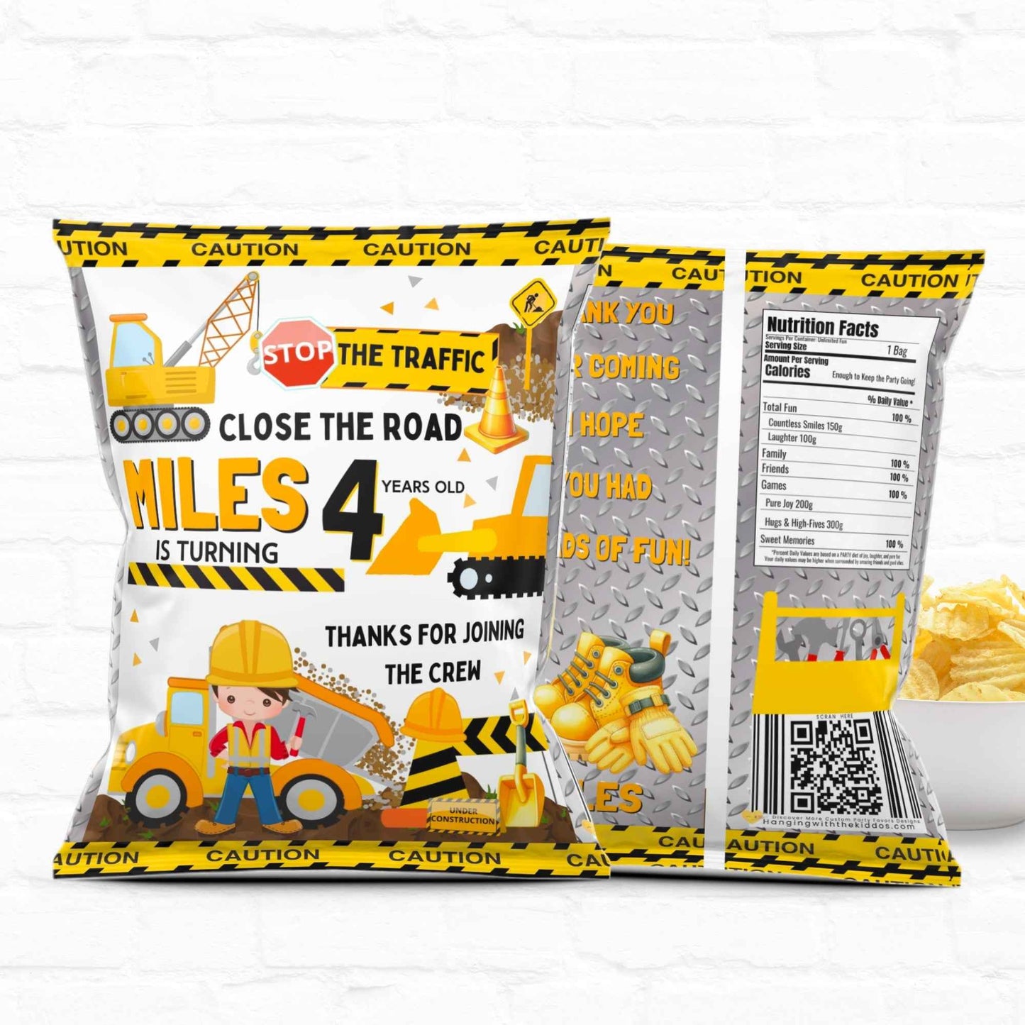 Personalized Construction Party Chip Bags with editable name and age, decorated with diggers, cones, and traffic signs for a themed birthday.