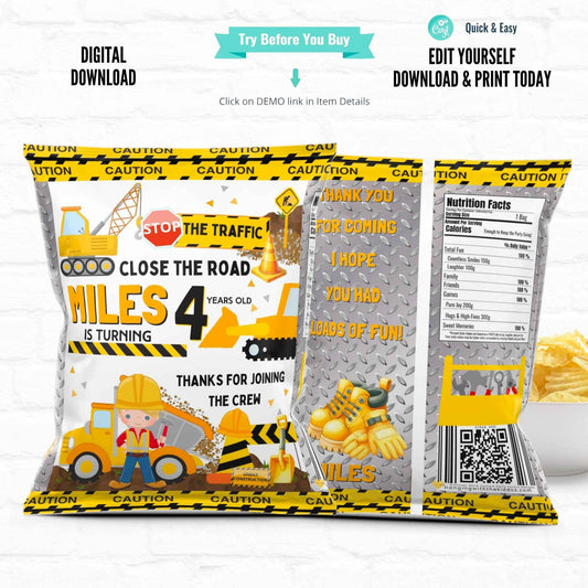 Customized chip bag for construction party featuring yellow caution tape, trucks, and editable text for a 4th birthday. Printable digital file.