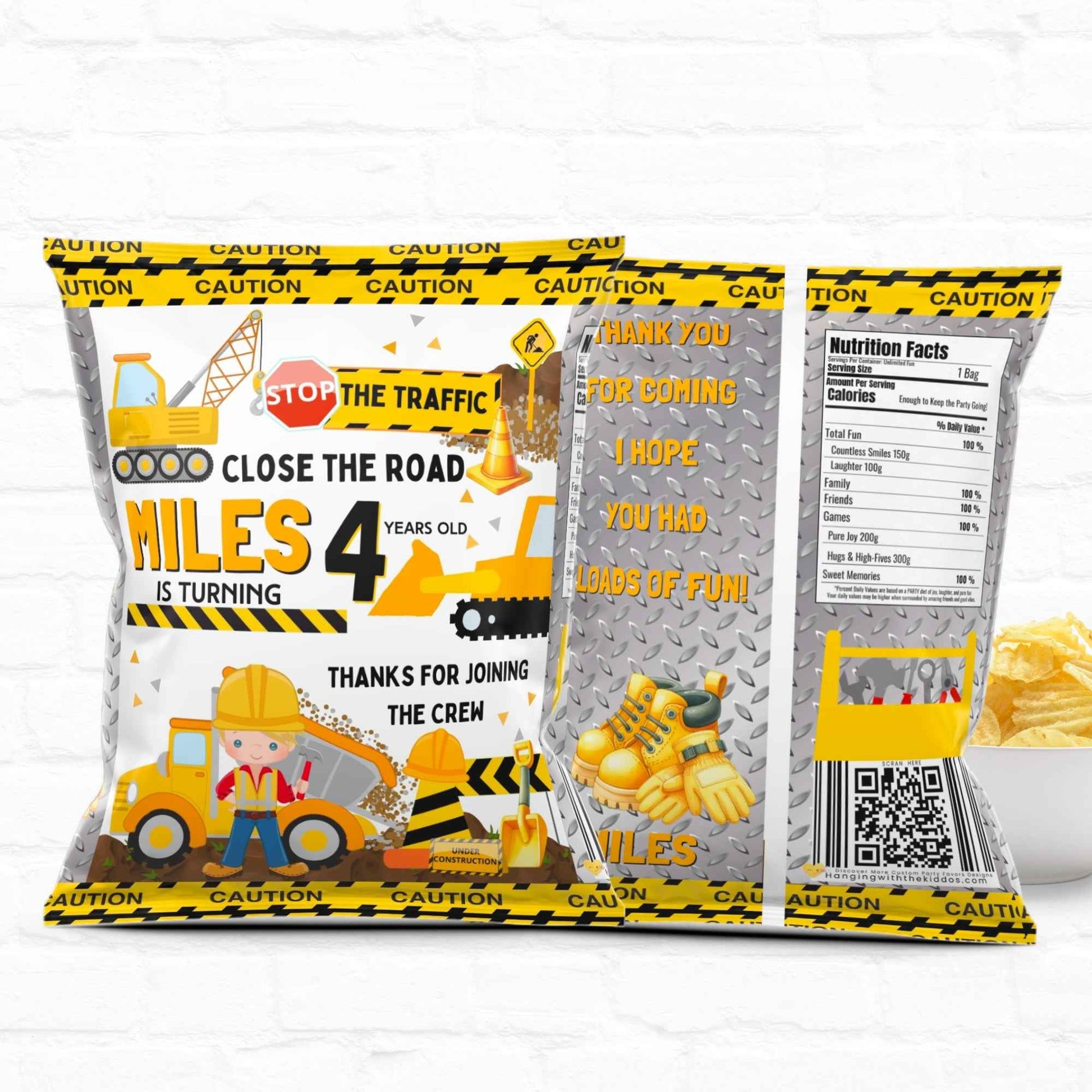 Personalized construction-themed chip bag with cartoon builder, traffic signs, and editable birthday message. Ideal for DIY party favors.