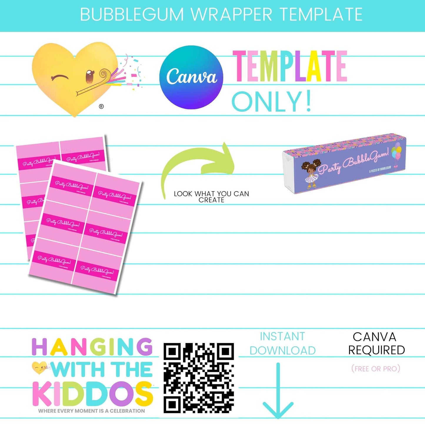 Bubblegum Wrapper Template - Canva | Editable Custom Design for party favors. Features pink labels and sample candy box for birthdays and events.