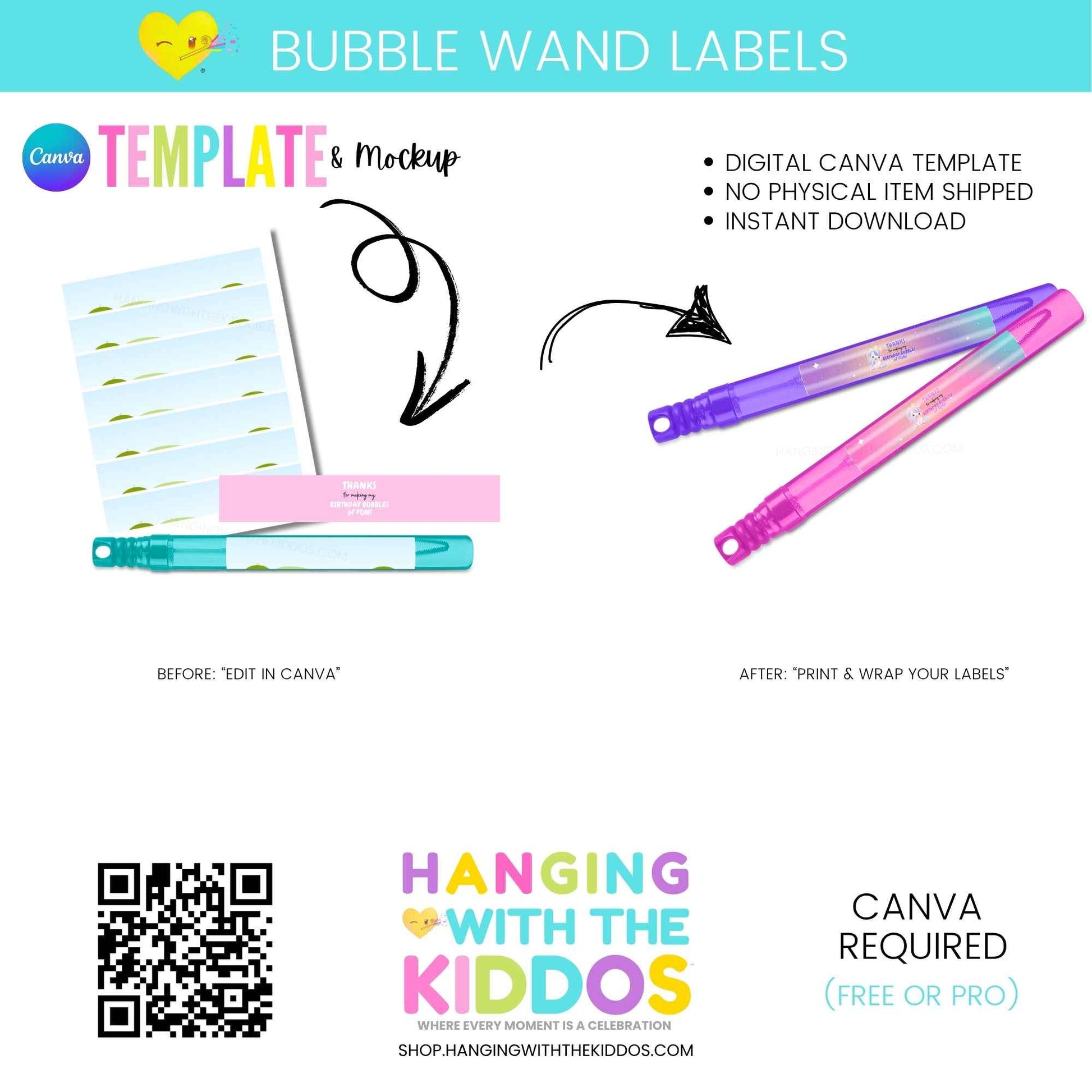 Bubble Wand Labels – Editable Canva Template & Mockup featuring printable label sheets and colorful bubble wands for party favors and gifts.