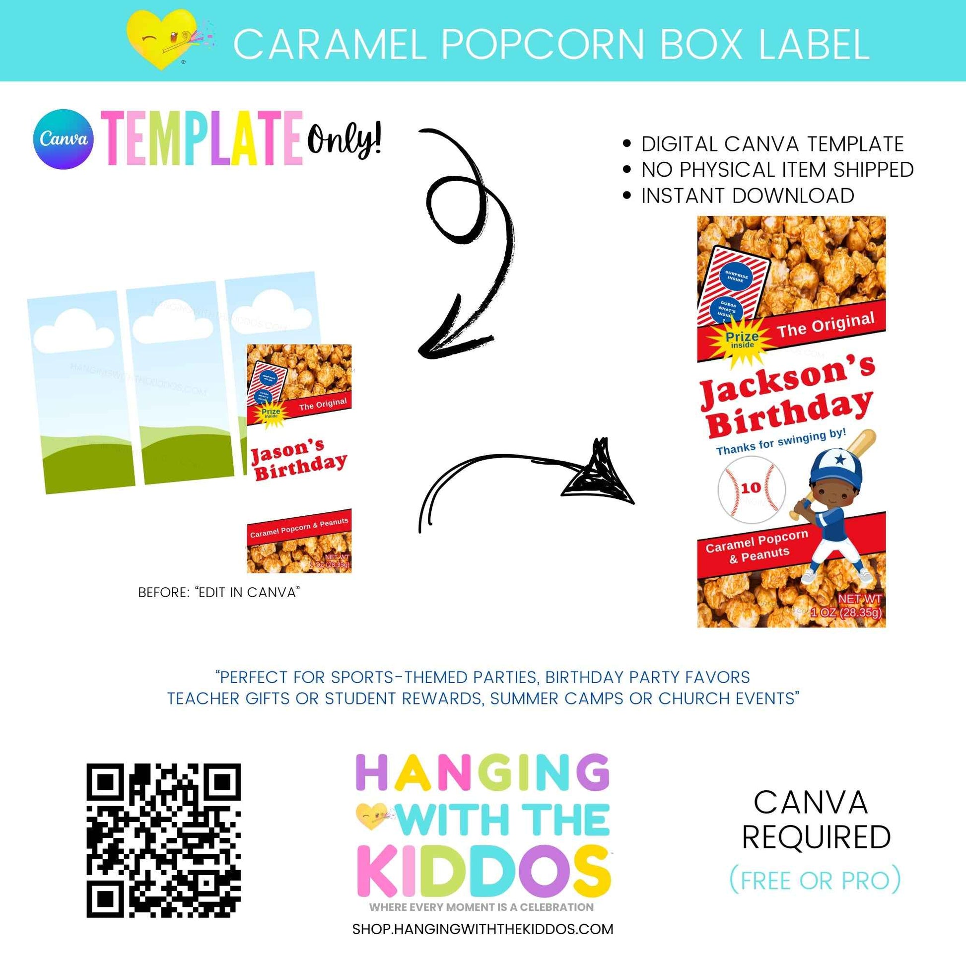 Editable Canva Caramel Popcorn Box Label – Fits 1 oz Snack Box Front