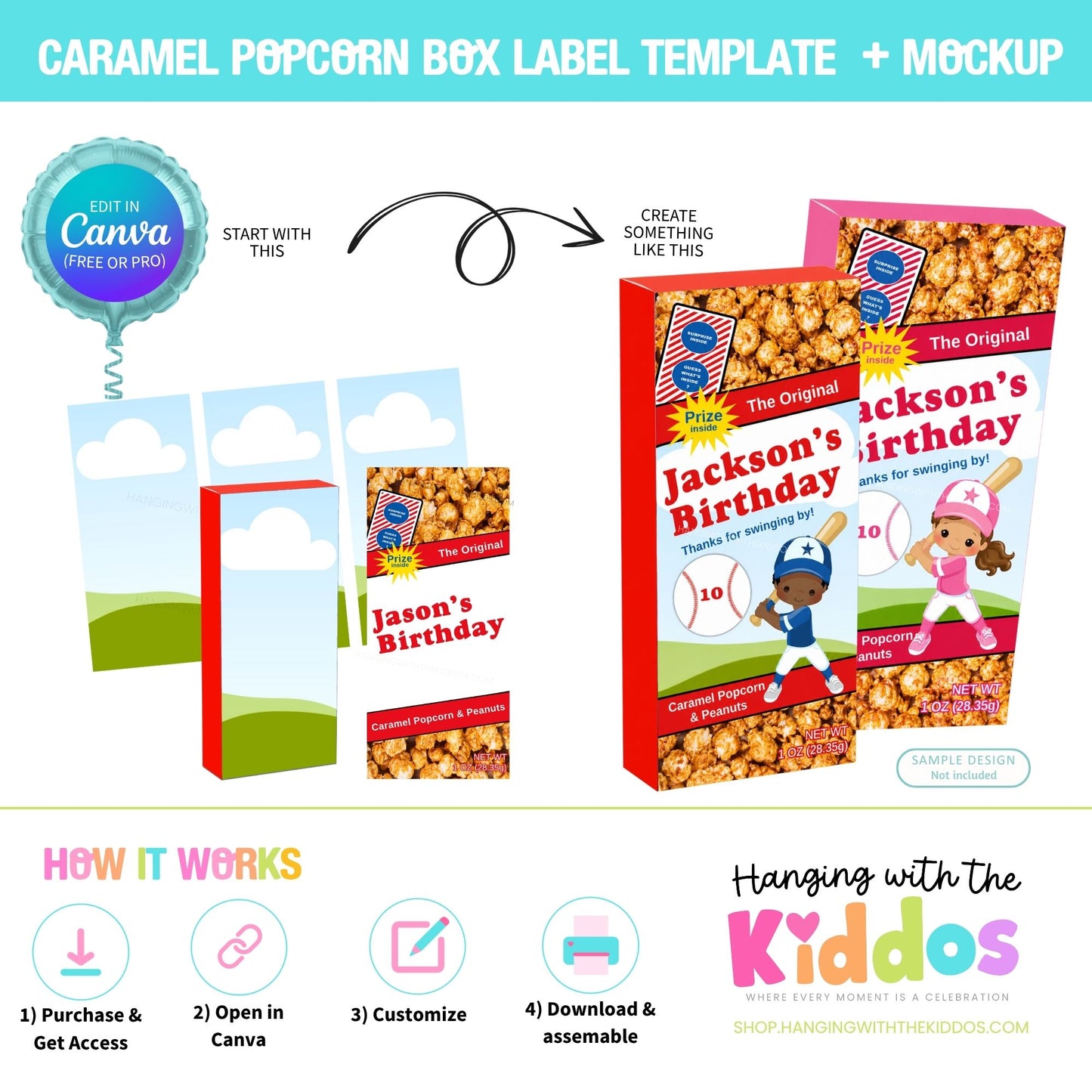 Caramel Popcorn Box Label | DIY Editable Canva Template