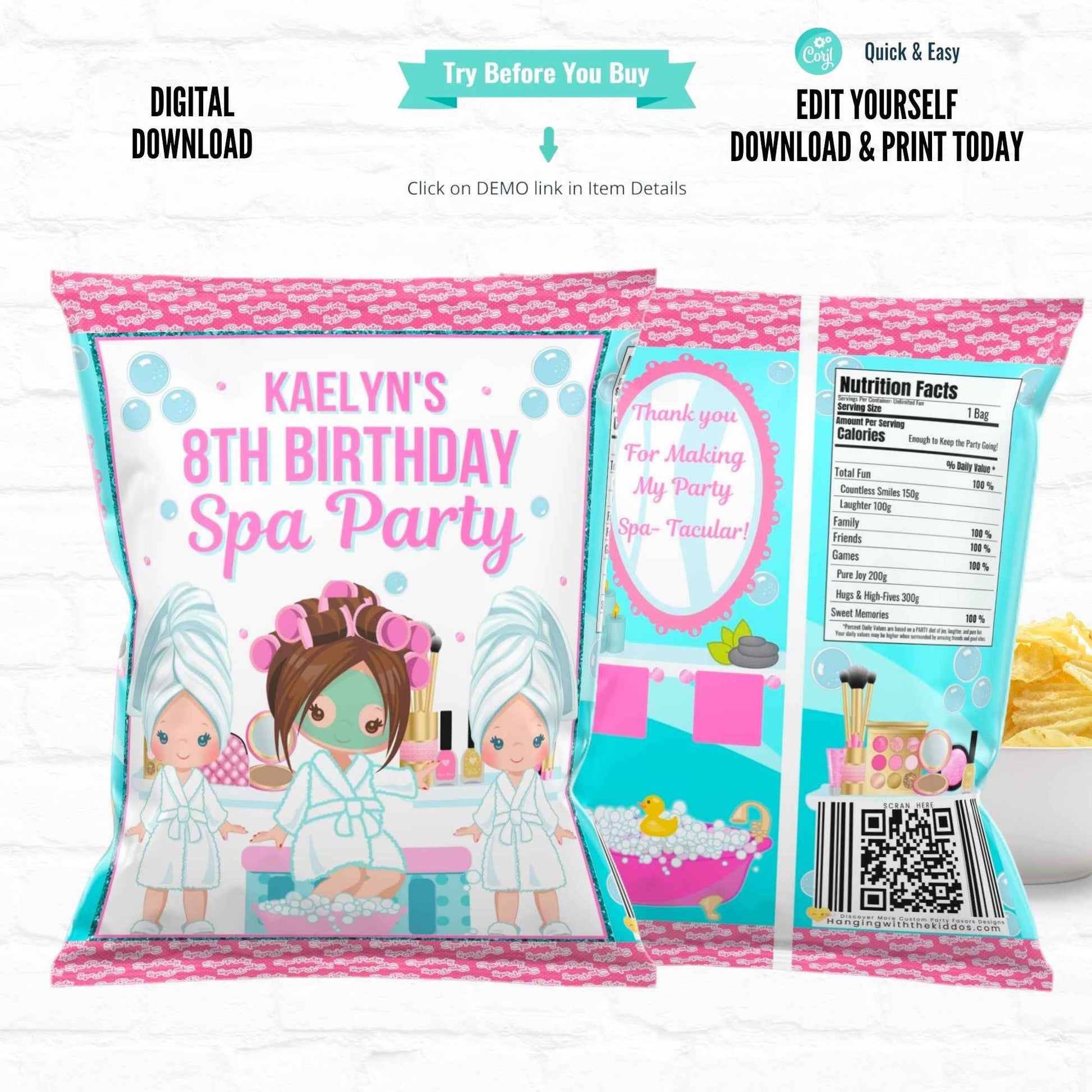 Spa Party Custom Party Favors Personalized Chip Bags| Goodie Bags|Printable File