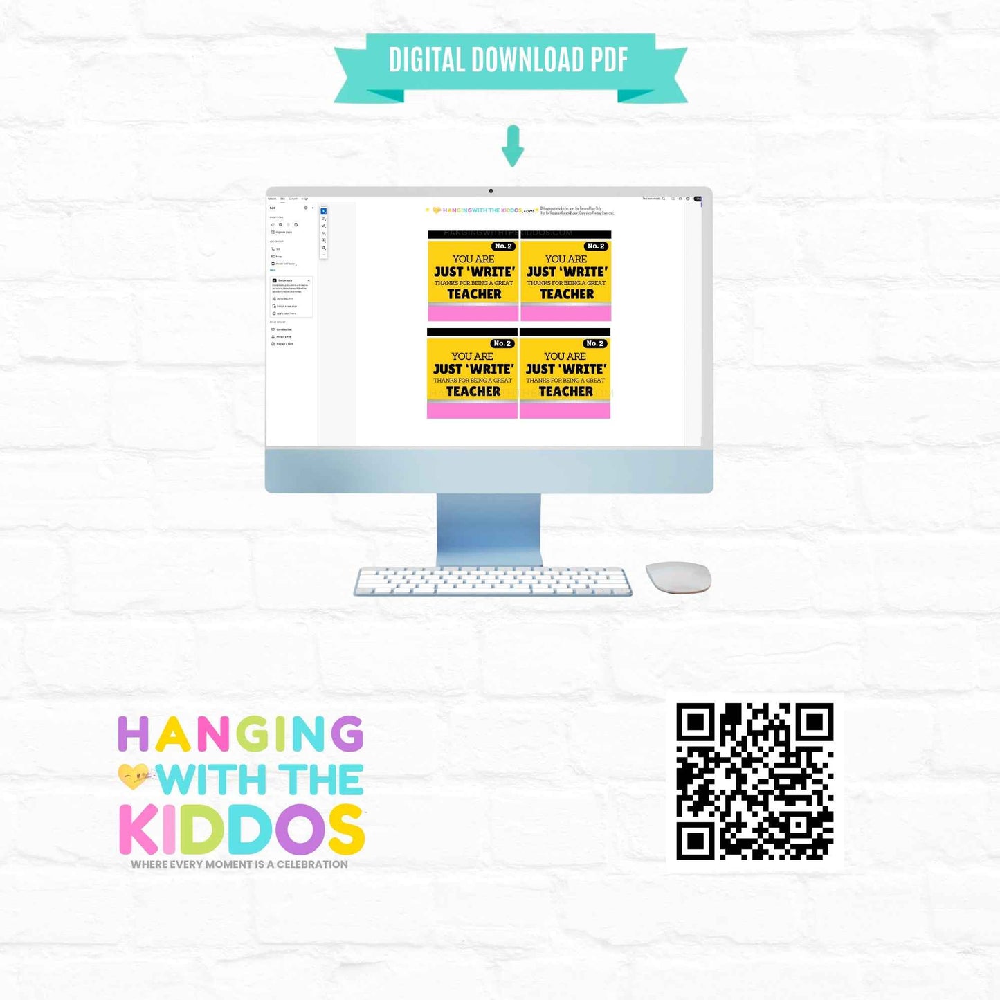 Printable Teacher Gift Tags PDF on computer screen with Hanging With The Kiddos branding, perfect for quick appreciation gifts on 8.5x11 cardstock.