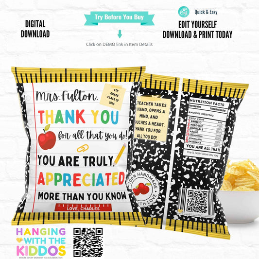 Editable Teacher Appreciation Printable - DIY Chip Bag Wrapper featuring colorful thank you message, faux notebook design, and customizable text for school gifts.