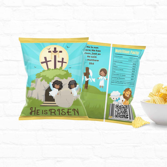 He Is Risen Easter Chip Bag Printable featuring a tomb, crosses, angels, and Bible verse. Ideal DIY religious party favor for Easter celebrations.