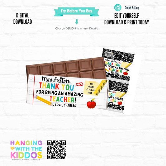 Editable Teacher Appreciation Candy Bar Wrappers with school-themed graphics and personalized text, perfect DIY printable gift wrap for chocolate bars.