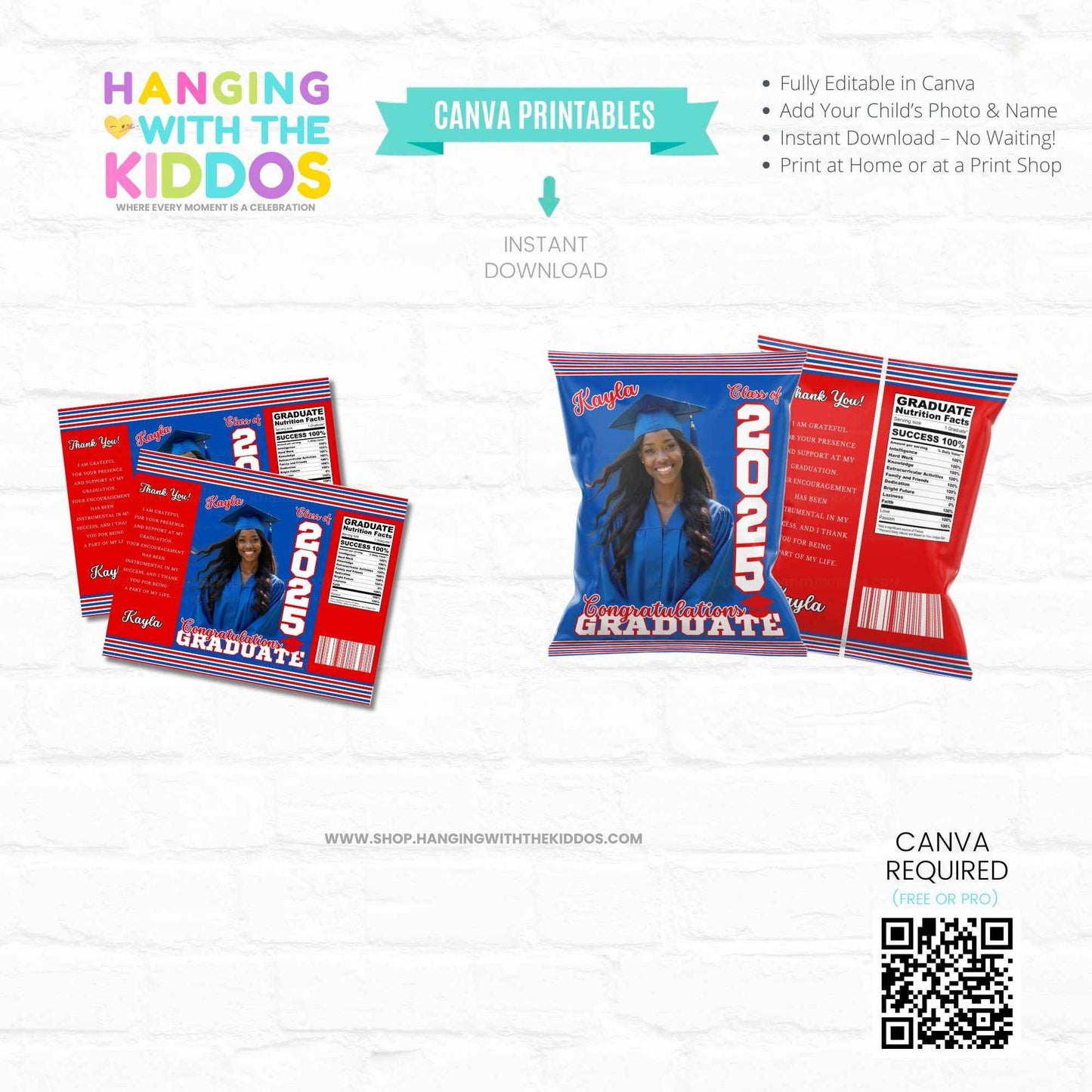 Graduation Chip Bag Printable Editable Canva Template featuring red and blue design with class year and customizable photo and name for party favors.