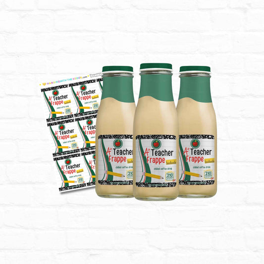 Teacher Appreciation Coffee Bottle Labels - DIY Printable Wraps displayed on three 9.5 oz chilled coffee bottles with colorful label sheet included.