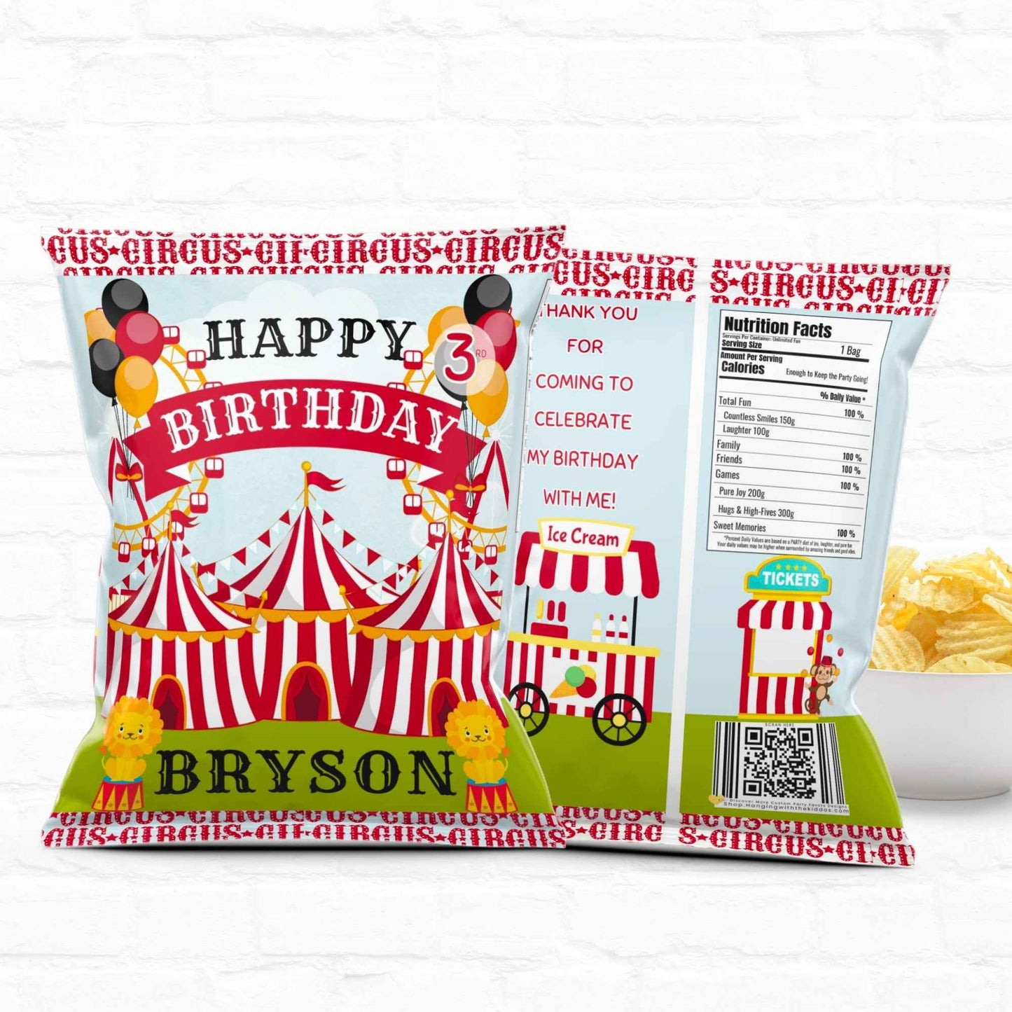 Circus Party Favors Personalized Chip Bag Template |Printable File