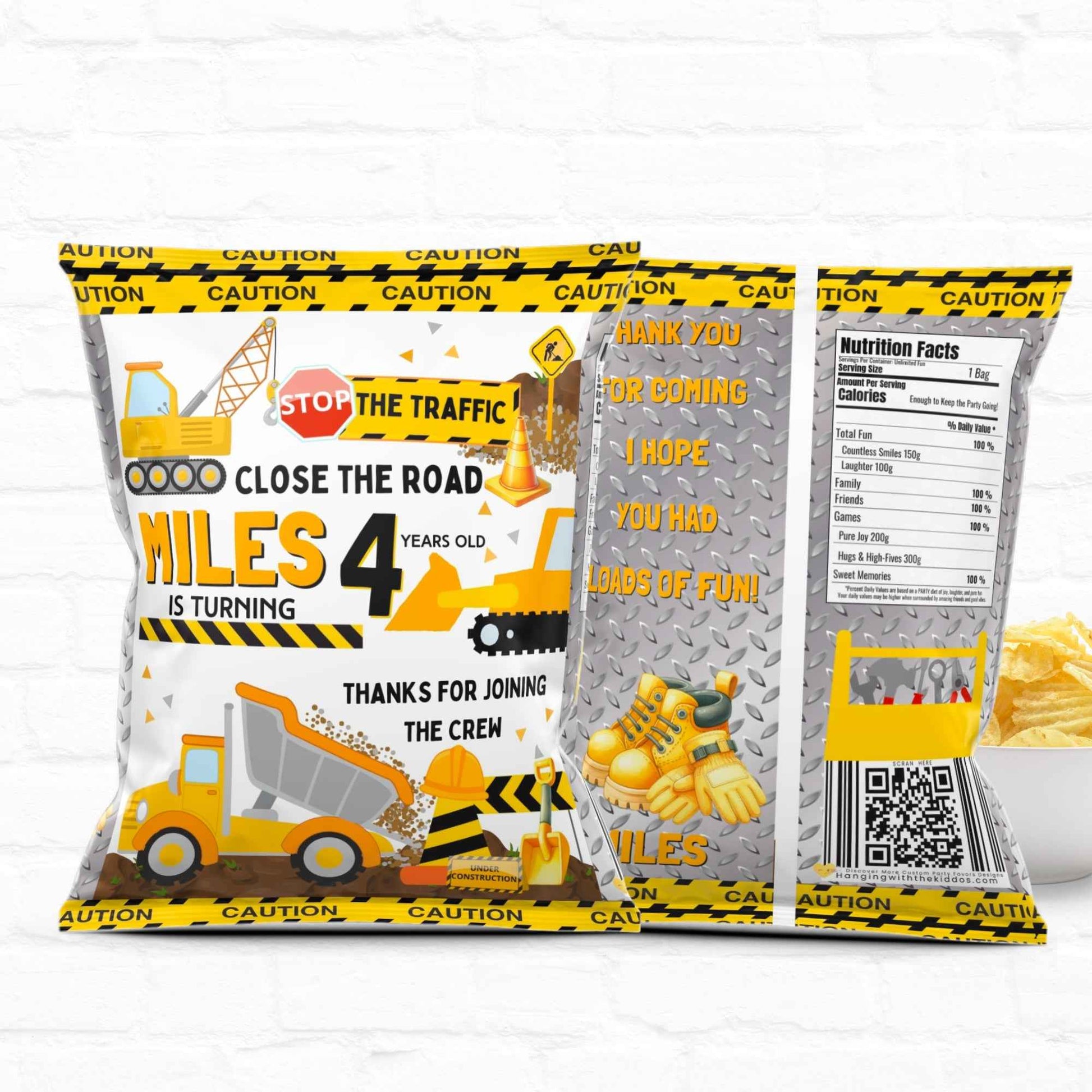 Customizable Construction Party Chip Bags with dump trucks, traffic signs, and editable name and age fields for themed birthday celebrations.
