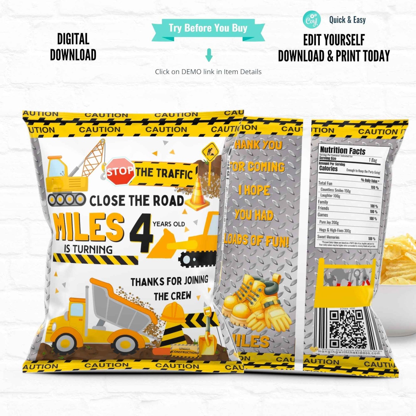 Personalized Construction Party Chip Bags - Printable design featuring yellow construction trucks, caution tape, and editable birthday text for a 4-year-old.