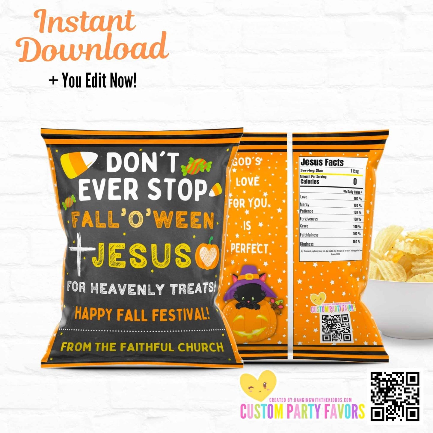 Editable Religious Halloween Treat Bags with 'Don't Ever Stop Fall-o-ween Jesus' text. Perfect for Catholic schools and church events.