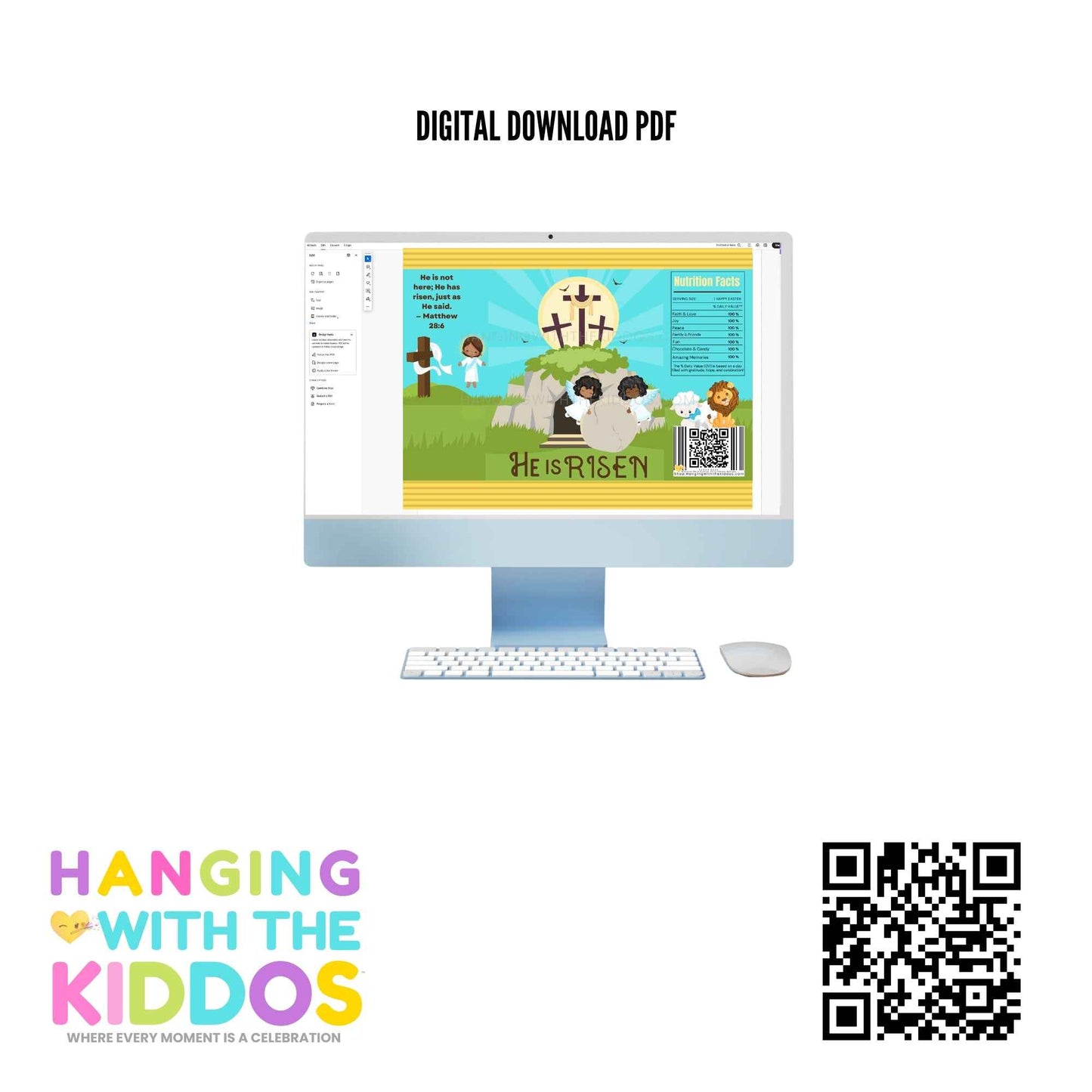 Digital download PDF of He Is Risen Easter Chip Bag Printable shown on a computer screen. Perfect for DIY religious Easter party favors.
