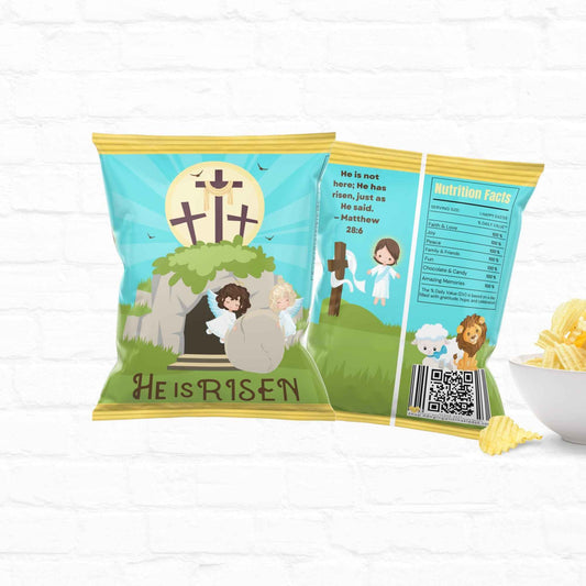 He Is Risen Easter Chip Bag Template featuring a tomb, crosses, and angel illustrations; ideal DIY religious party favor for Easter celebrations.