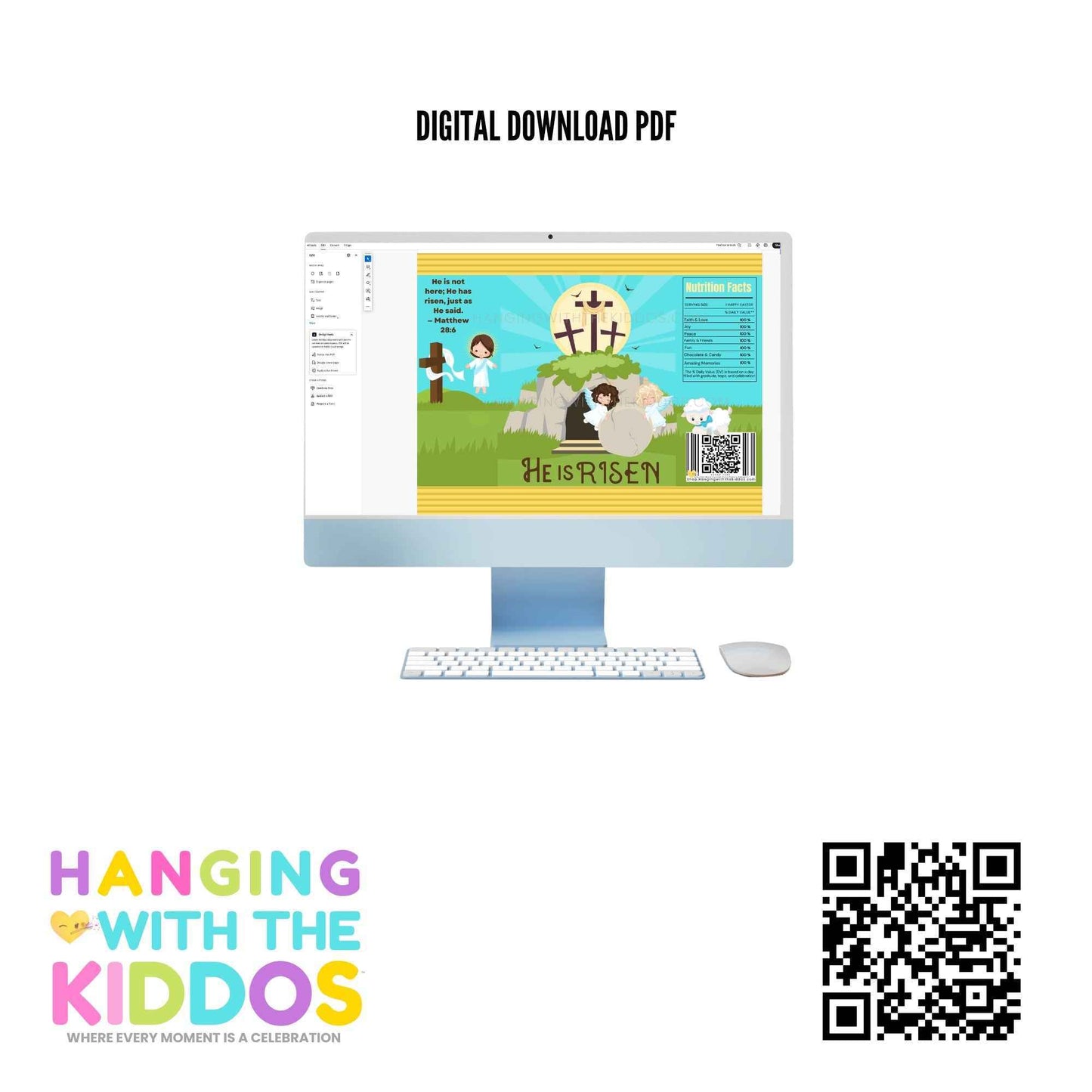 Digital download PDF of He Is Risen Easter Chip Bag Template displayed on a computer screen; perfect for church events and Easter baskets.