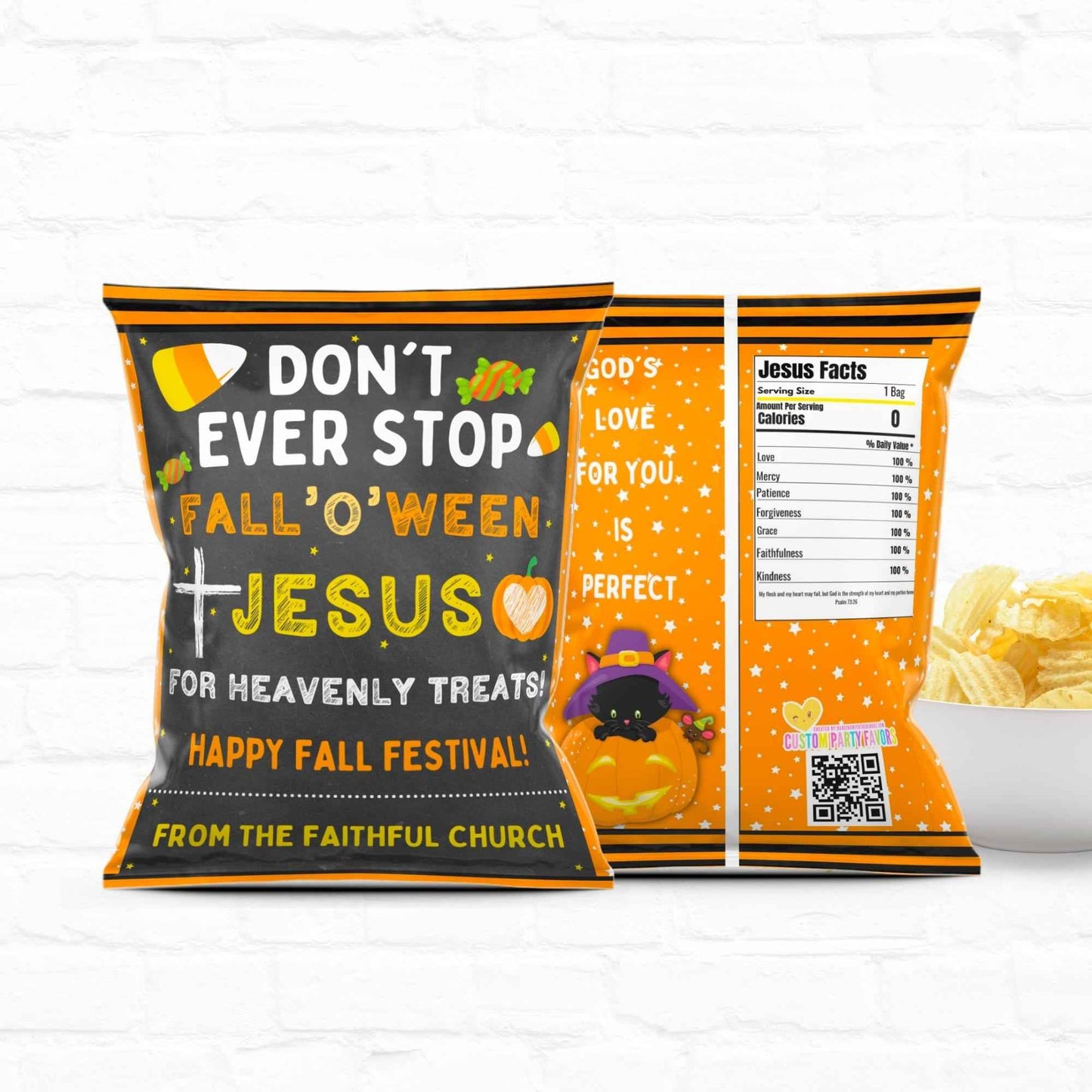 Instant Download Custom Chip Bags with 'Fall-o-ween Jesus' theme for church fall festivals. Features religious message and festive Halloween design.