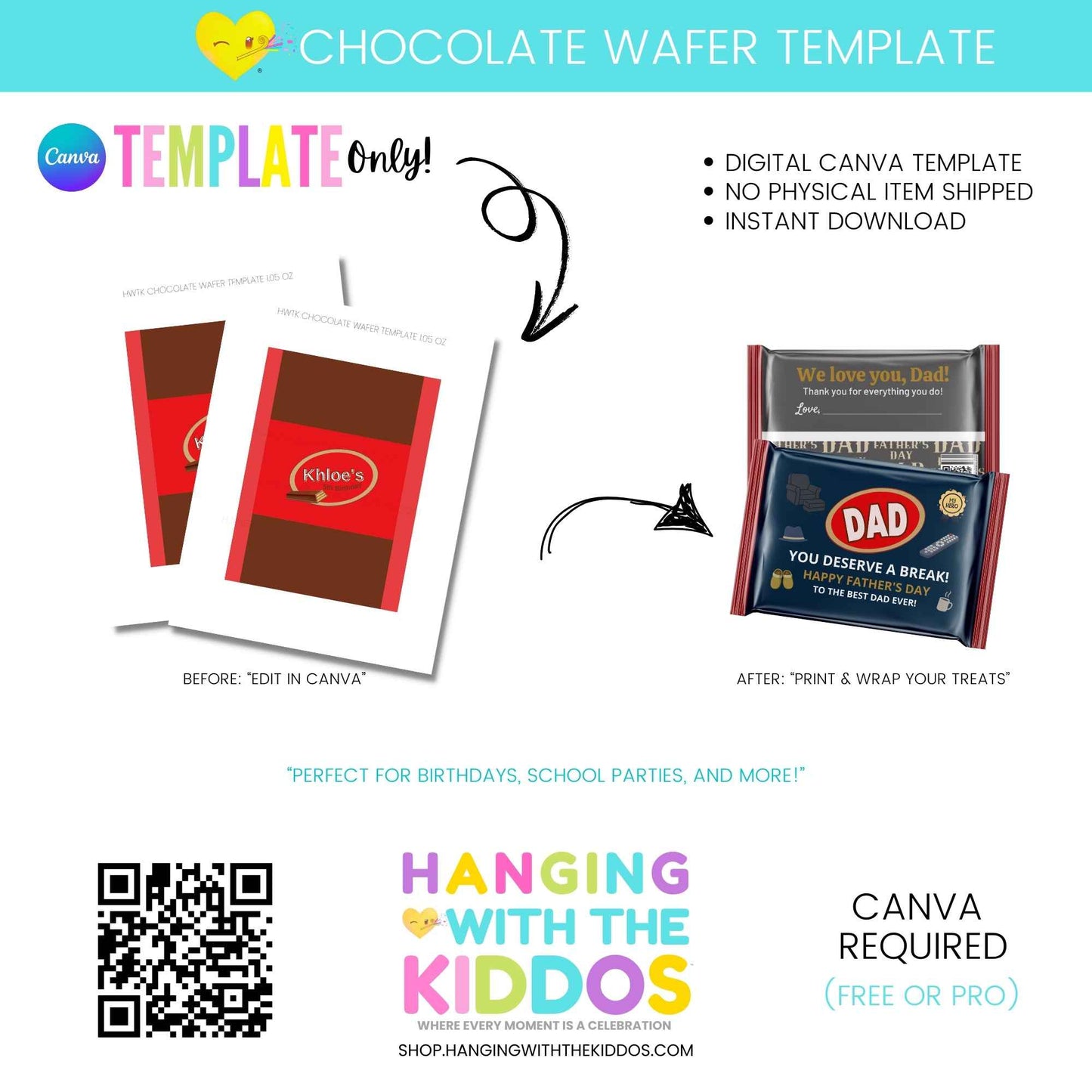 Chocolate Wafer Wrapper Template - Personalize Your Candy with editable Canva design for 1.5 oz bars. Ideal for birthdays, school parties, and gifts.