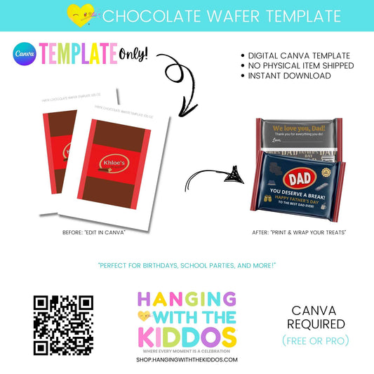 Chocolate Wafer Wrapper Template - Personalize Your Candy with editable Canva design for 1.5 oz bars. Ideal for birthdays, school parties, and gifts.