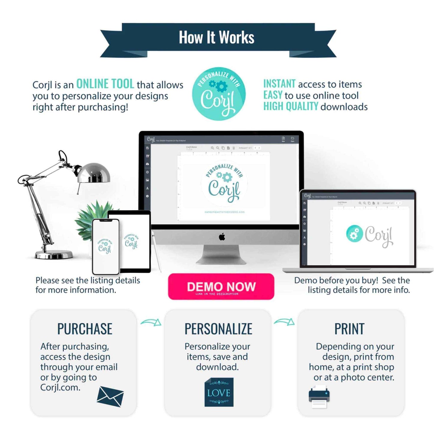 How it works guide for customizing and printing Spooky Halloween Party Chip Bag using Corjl online design tool for instant download.