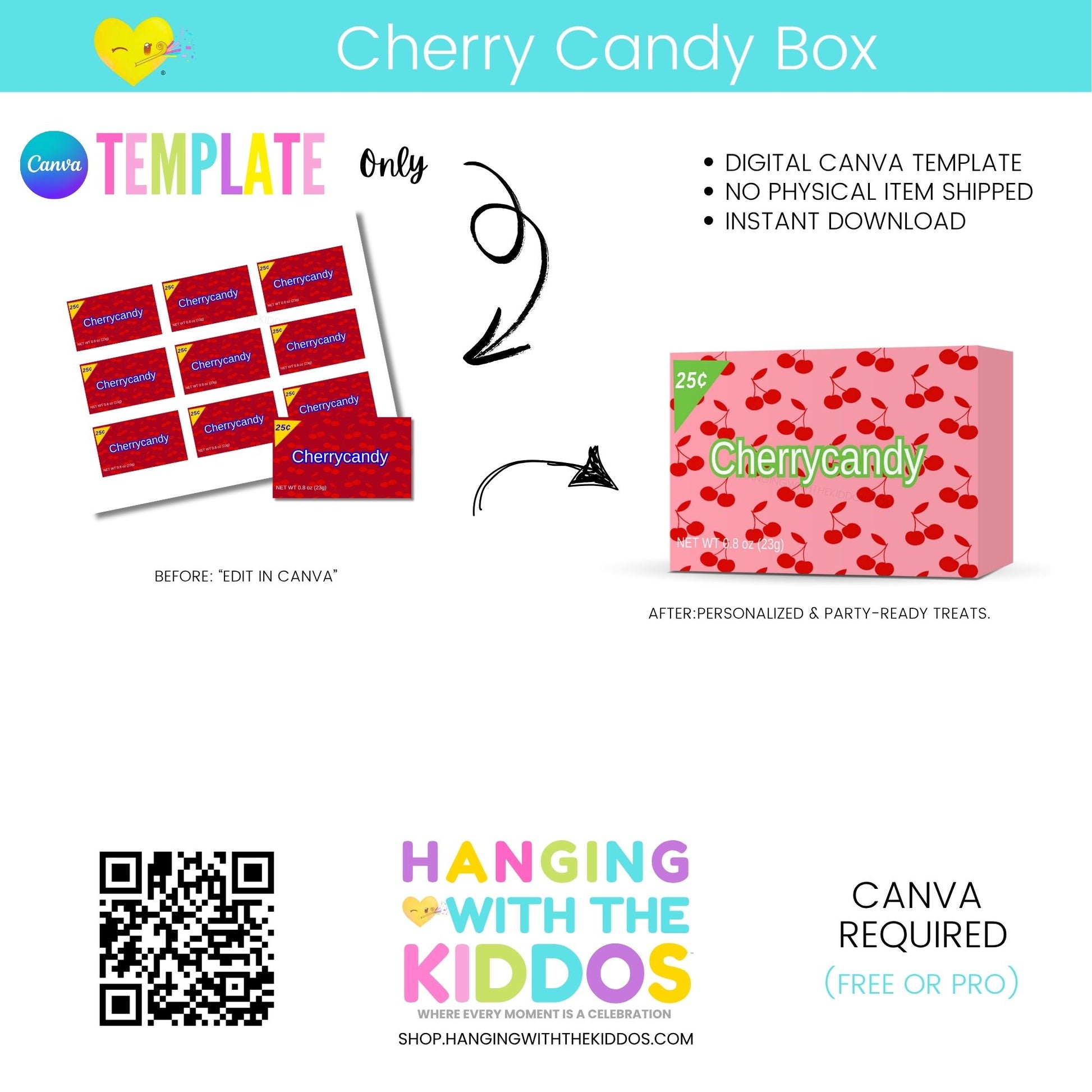Digital Canva template for Cherry Candy Box with colorful text and graphics.